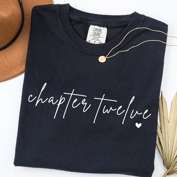 Black Comfort Colors 12th birthday shirt with Chapter Twelve lettering, trendy birthday gift for girls