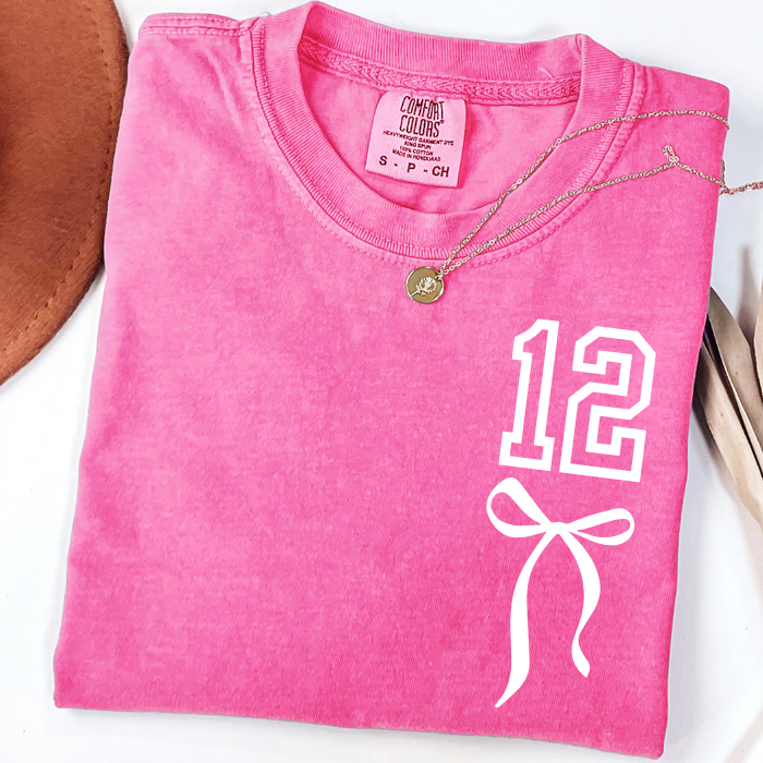 Pink Comfort Colors 12 birthday shirt for girls with white bow graphic, coquette birthday gift idea