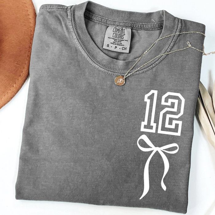 Gray Comfort Colors 12th birthday tee with white number 12 bow design, girls milestone birthday shirt