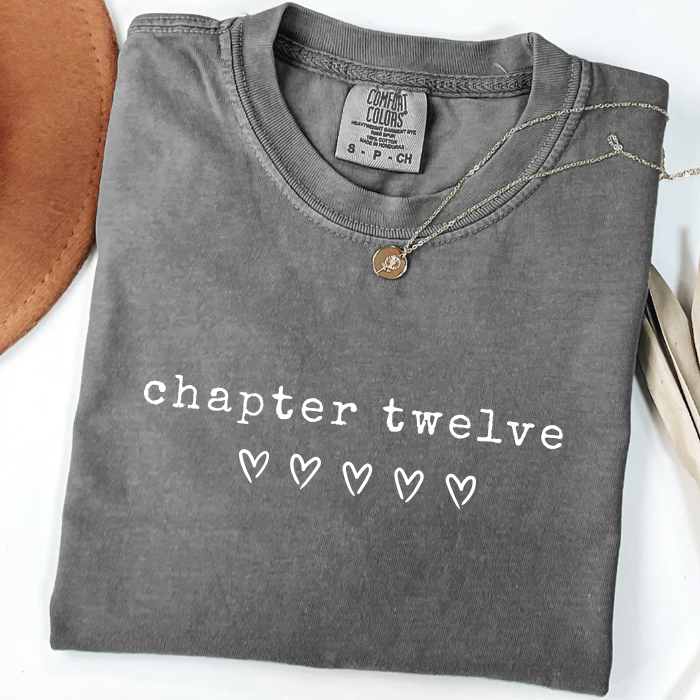 Gray Comfort Colors 12th birthday shirt for girls featuring Chapter Twelve design with heart graphics, tween girl milestone birthday tee
