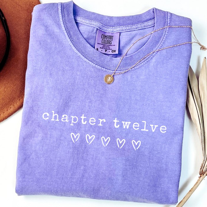 Purple Lavender Comfort Colors 12th birthday shirt with Chapter Twelve lettering, trendy birthday gift for tween girls