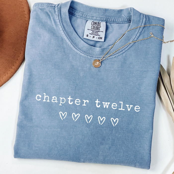 Light blue Comfort Colors Chapter Twelve birthday shirt for girls, minimalist 12 year old birthday tee