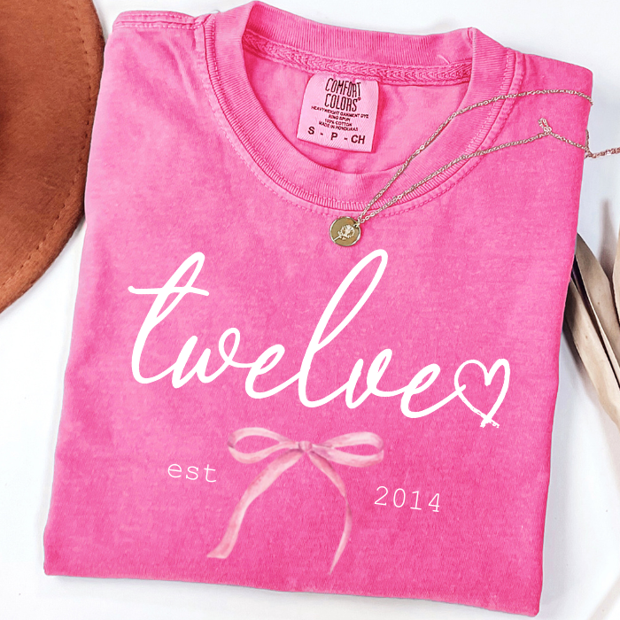 Pink Comfort Colors Twelve Est. 2014 birthday shirt for girls with pink bow, cute 12 year old birthday gift idea