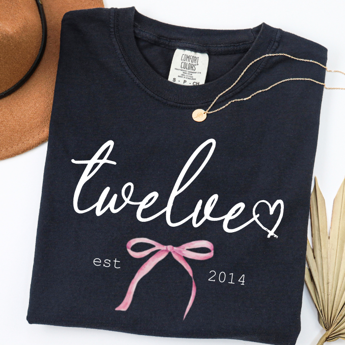 Black Comfort Colors Twelve Est. 2014 birthday shirt with pink bow, minimalist 12th birthday tee for girls