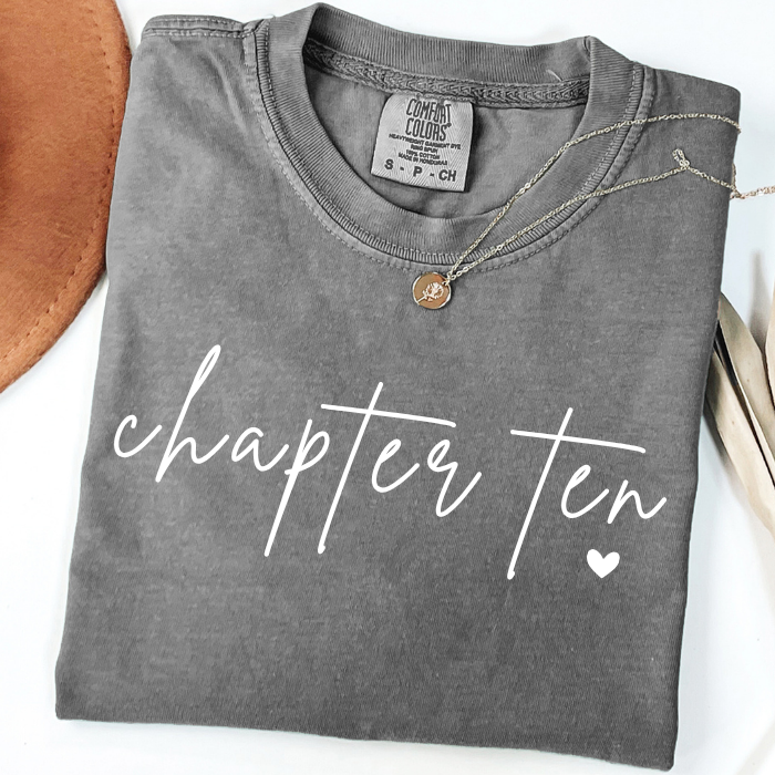 Gray Comfort Colors Chapter Ten 10th birthday shirt with minimalist white script design