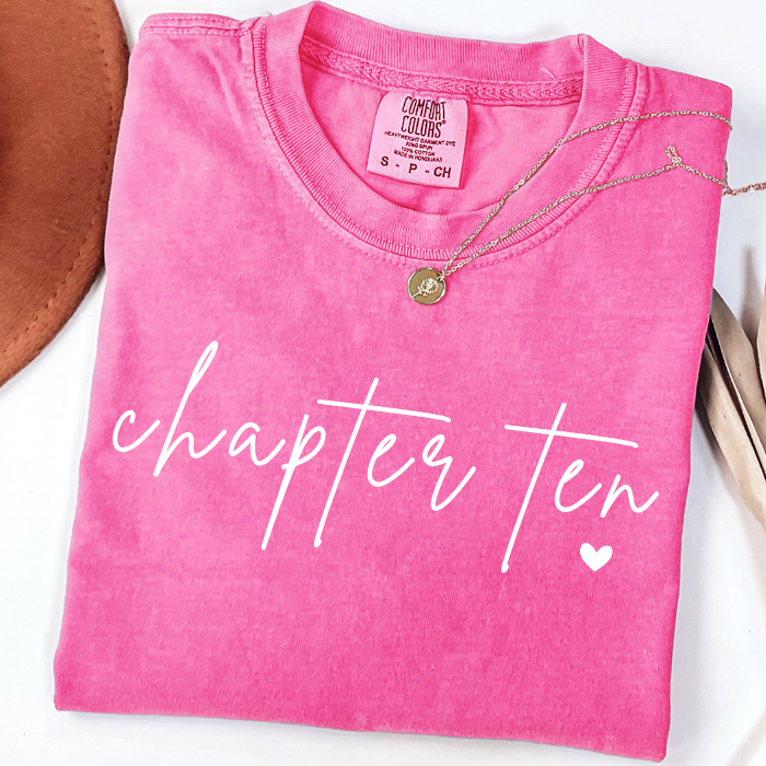 Pink Comfort Colors Chapter Ten birthday shirt for girls with modern handwritten typography