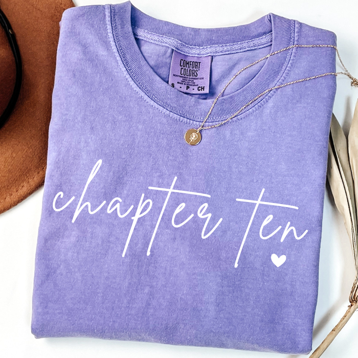 Purple Lavender Comfort Colors Chapter Ten birthday tee for girls with minimalist white script