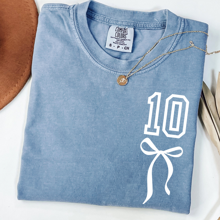 Blue Comfort Colors 10 birthday tee for girls with minimalist coquette bow design
