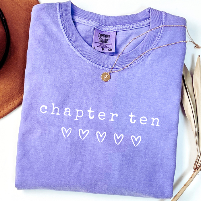 Purple Lavender Comfort Colors Chapter Ten birthday tee with white hearts graphic