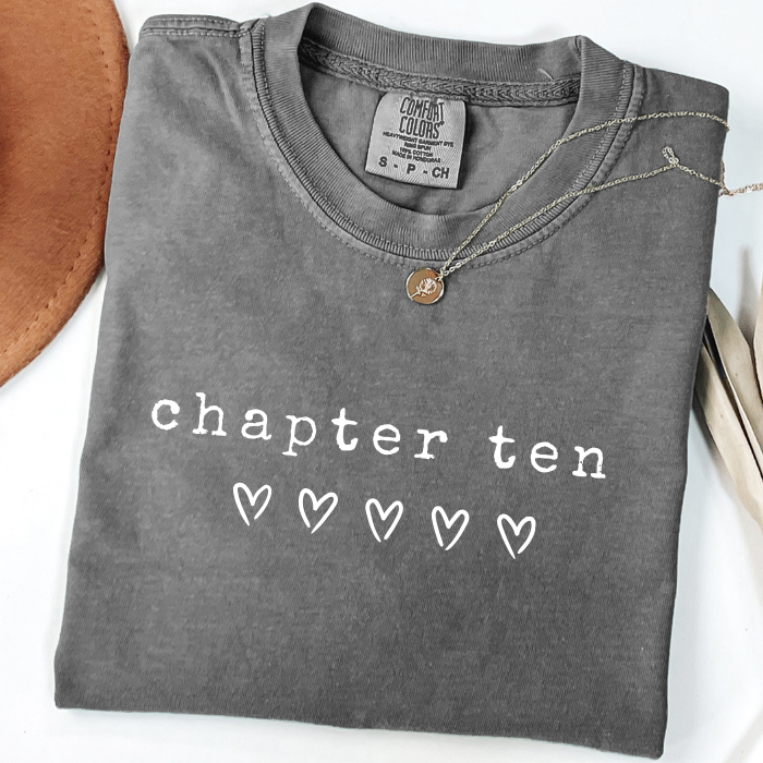Gray Comfort Colors Chapter Ten birthday shirt with minimalist white hearts design