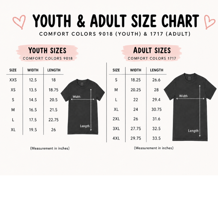 A size chart graphic for Comfort Colors youth and adult t-shirts, showing size tables and size guides for Comfort Colors 9018 (youth) and 1717 (adult) with black t-shirt illustrations.