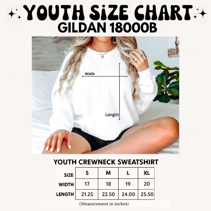 A youth size chart graphic for a crewneck sweatshirt, showing a model wearing a white sweatshirt with measurement arrows labeled width and length, plus a size table below listing S, M, L, and XL measurements in inches.