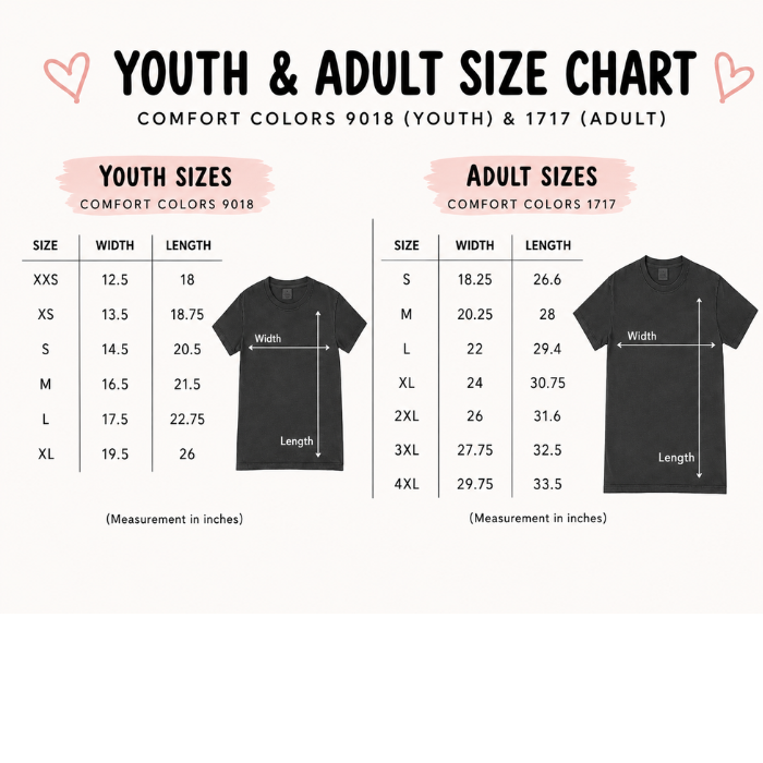 Comfort Colors youth and adult size chart for 12th birthday Chapter Twelve shirt